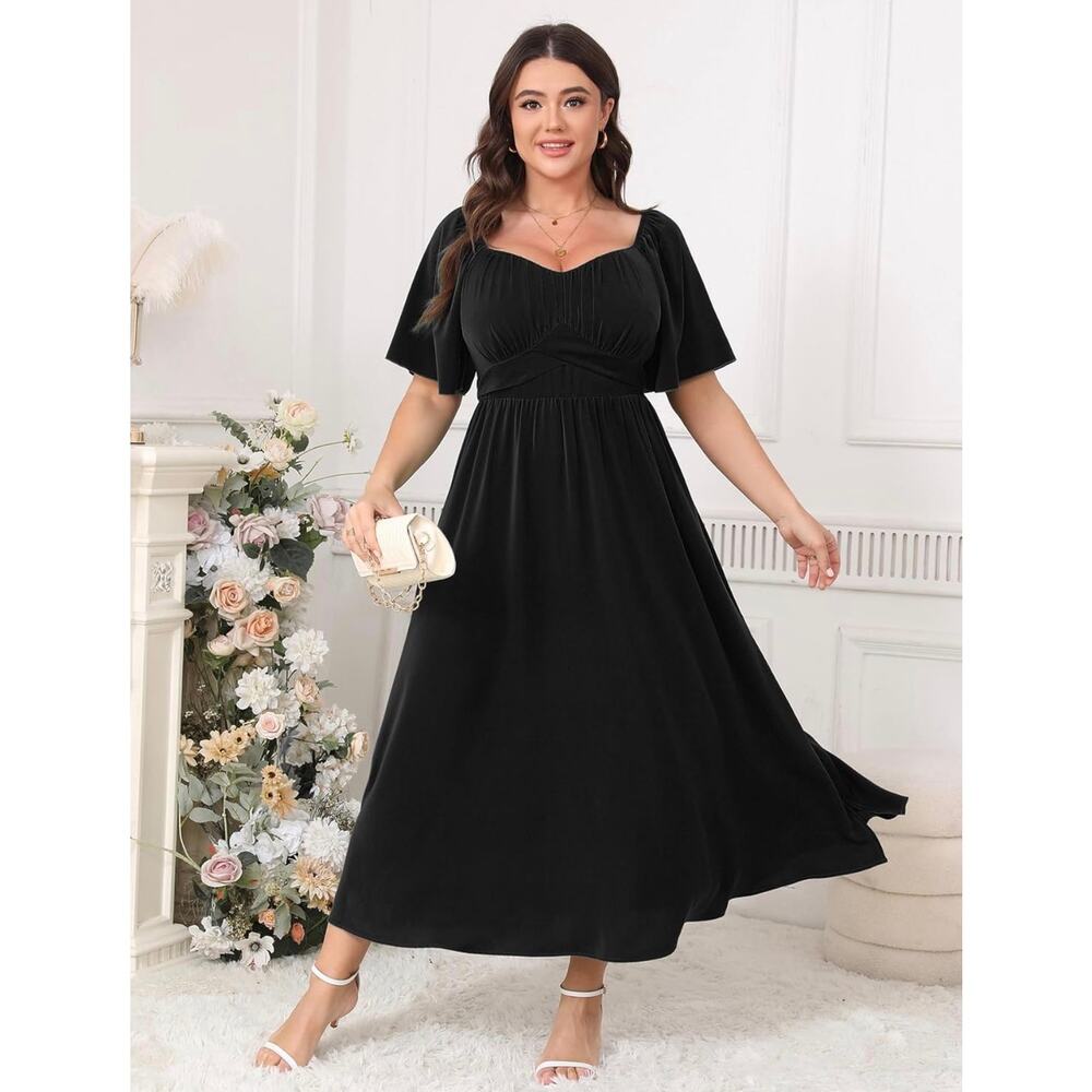 Semi Formal Ruffle Short Sleeve Sweetheart Neckline Slit A Line Flowy Maxi Dress